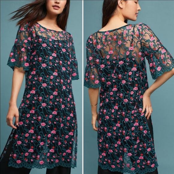 Anthropologie Tops - Anthropologie Moulinette Soeurs Black Pink Embroidered Floral Mesh Tunic S